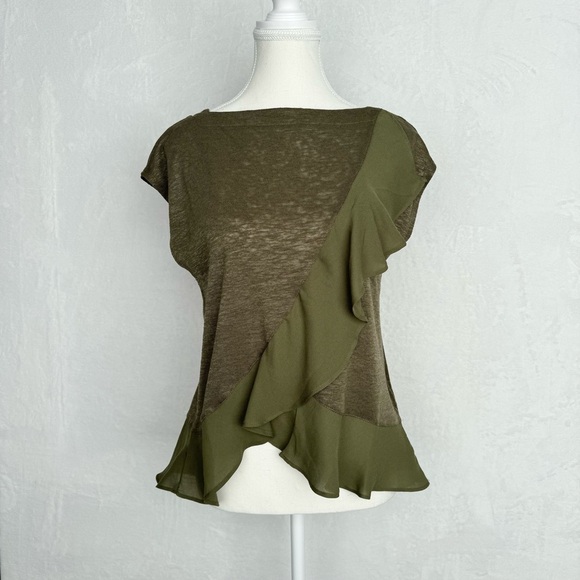 Banana Republic Tops - BANANA REPUBLIC Ruffle Tee Top Size XS Olive Green Cap Sleeve Boat Neck Fairy